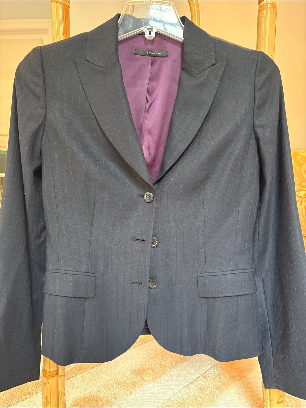 Elie Tahari Dark Navy Pinstripe Blazer with Purple Lining